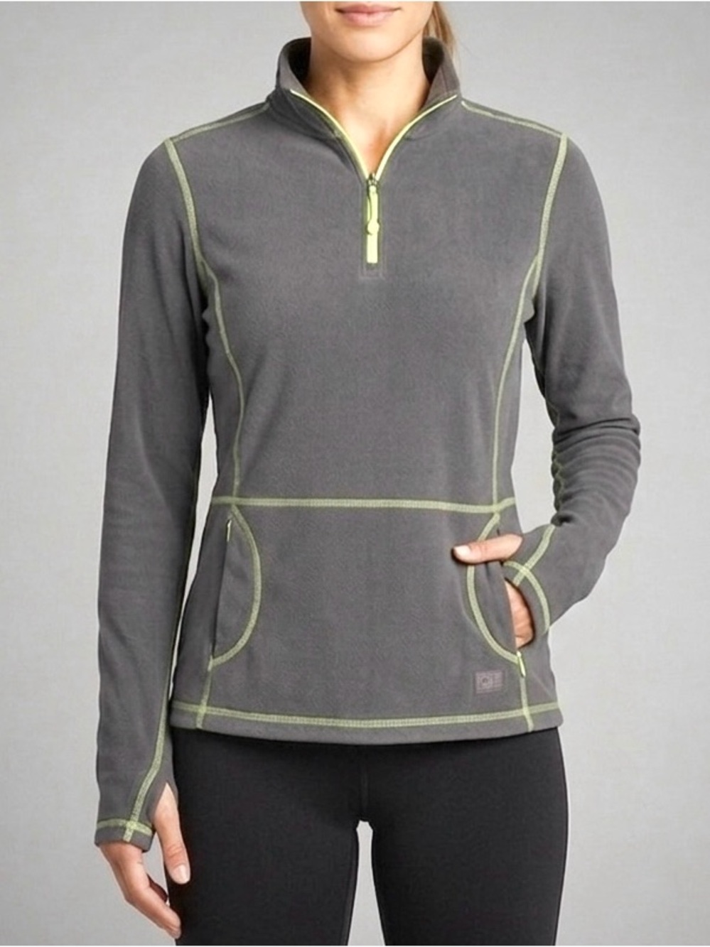 REI Gray Stretch Microfleece 1/4 Zip Hiking Midlayer Thumbholes Medium